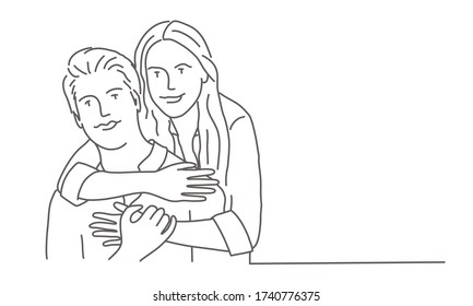 Young woman is hugging her boyfriend from the back. Line drawing vector illustration.