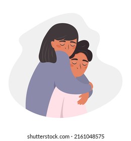 Young woman hugging her boyfriend. Two lovers embrace. The concept of support, care, love, and romantic relationship. Vector flat illustration.