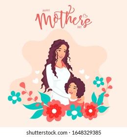 Young Woman Hugging Her Daughter and Flowers on Peach Background for Happy Mother's Day Celebration Concept.