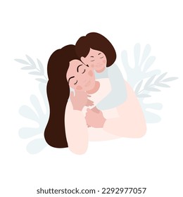 Young woman hugging her daughter. Happy mother's day concept mom and little girl. Mother and child. Vector illustration.