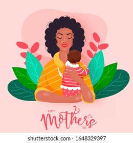 Young Woman Hugging Her Infant and Leaves on Pastel Pink Background for Happy Mother's Day Concept.