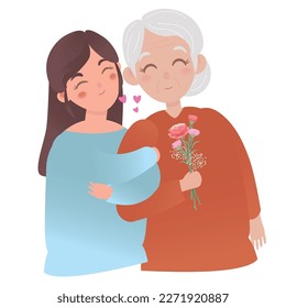 Young woman hugging her mother with flowers in her hands