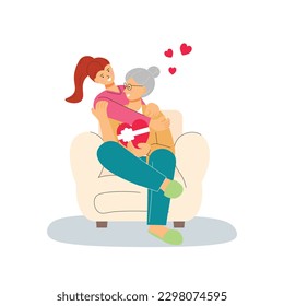 Young woman hugging her old mother with love on the couch from behind. Mothers day concept vector illustration.