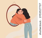 Young woman hugging her own reflection in the mirror. Love yourself, self care, self acceptance concept. Hand drawn vector colorful funny cartoon style illustration
