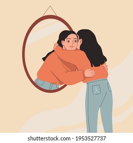 Young woman hugging her own reflection in the mirror. Love yourself, self care, self acceptance concept. Hand drawn vector colorful funny cartoon style illustration