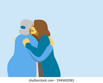 Young woman is hugging her senior mother.Happy smiling adult daughter standing smiling and embracing her old mother enjoying being together. Concept of tenderness, care, family love, relationships. 