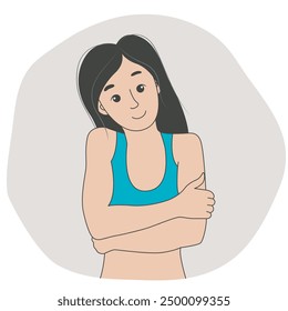 Mujer joven que se abraza. Concepto de auto-Asistencia, amor propio y aceptación del cuerpo. Salud mental y paz espiritual, gráficos de Vector