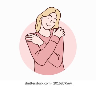 Young woman hugging herself with emotional enjoying face. Hand drawn in thin line style, vector illustrations. 