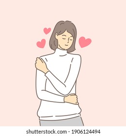 Young woman hugging herself with hearts on pink background. Self love and self care. Love yourself. Love your body concept. Hand draw style. Vector illustration.