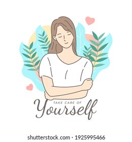 Young woman hugging herself with hearts on natural background. Self love and self care. Love yourself. Love your body concept. Hand draw style. Vector illustration.