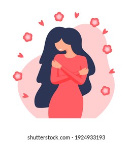 Young woman hugging herself. Love yourself. Self love concept. Love your body concept. Vector illustration in flat style.