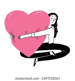 Young woman hugging a large heart-shaped pillow, Hand drawing vector illustration line art doodle style.