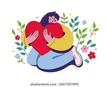 Young woman hugging a love heart. Self care, harmony, body positive, love yourself concept