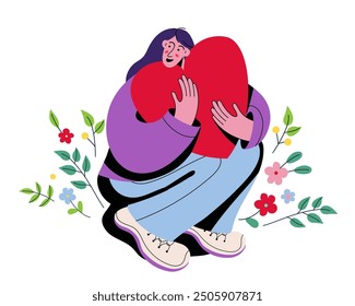 Young woman hugging a love heart. Self care, harmony, body positive, love yourself concept