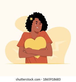 Young woman hugging a paper heart concept for banner, poster, website, etc.