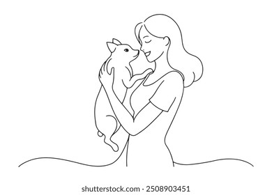 Young woman hugging and playing with a pet on their hands One line continuous line art vector illustration on white background.