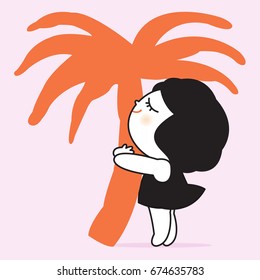 Young Woman Huging A Holiday Beach Palm Coconut Tree Concept Card Character illustration