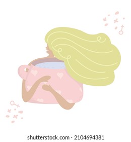 Young woman hugs a big cup, mug with love and care. Girl with long hair. Self care and body positive concept. Feminism, fight for your rights, girl power concept. self love