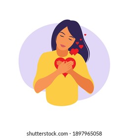 Young woman hugs a big heart with love and care. Self care and body positive concept. Feminism, fight for your rights, girl power concept. Flat.