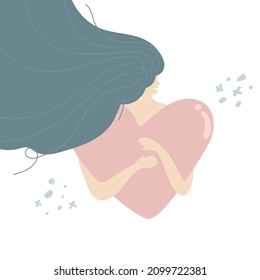Young woman hugs a big heart with love and care. Girl with long hair holds pink heart in hands. Self care and body positive concept. Feminism, fight for your rights, girl power concept. self love
