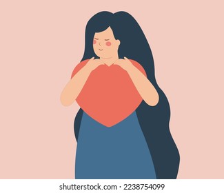 Young woman hugs a big heart with love. Girl with long hair embraces pink heart in her hands. Self care and body positive concept. Illustration of self acceptance, positive mind, inner peace. 