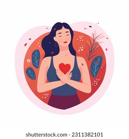 A young woman hugs a big heart with love and care. The girl holds a red heart in her hands. Self care and positive body concept.