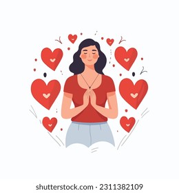 A young woman hugs a big heart with love and care. The girl holds a red heart in her hands. Self care and positive body concept.