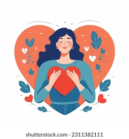 A young woman hugs a big heart with love and care. The girl holds a red heart in her hands. Self care and positive body concept.