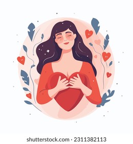 A young woman hugs a big heart with love and care. The girl holds a red heart in her hands. Self care and positive body concept.