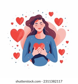 A young woman hugs a big heart with love and care. The girl holds a red heart in her hands. Self care and positive body concept.