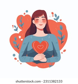 A young woman hugs a big heart with love and care. The girl holds a red heart in her hands. Self care and positive body concept.
