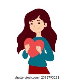 La joven abraza un gran corazón con amor y cuidado. Niña con el pelo largo sujeta el corazón rosado en sus manos. Autocuidado y concepto positivo corporal.