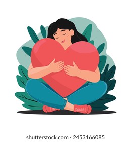 Una joven abraza un gran corazón con amor y cuidado. La niña tiene un corazón rojo en sus manos. Autocuidado y concepto de cuerpo positivo ilustración plana