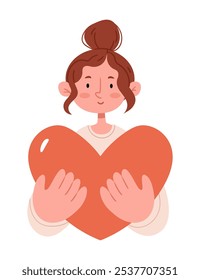 Mujer joven abraza un gran corazón con amor y cuidado. Cuidado personal y concepto positivo del cuerpo. Caridad.