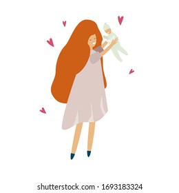 A young woman hugs a child. Happy motherhood concept, caring nanny, love for children. Happy childhood. Parenting and care for children. Production of goods for children, articles on maternity tendern