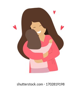 A young woman hugs a child. Happy motherhood concept, caring nanny, love for children. Happy childhood. Parenting and care for children. Production of goods for children, articles on maternity