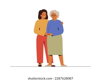 Young woman hugs elderly mother with love and care. Adult daughter  helps to her mature mum. Caregiver supports senior female patient with dementia. Concept of aid and protection for old person.Vector