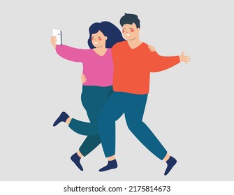 Young woman hugs her man for taking a selfie. Happy couple embrace each other and have a video call. Concept of mobile usability, friendship and technology. Vector stock