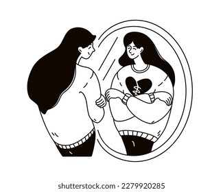 Young woman hugs herself and looks at her reflection in the mirror. Black and white doodle outline vector illustration. Self love, self acceptance mental health recovery after therapy concept