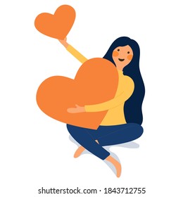 Young woman hugs and holding few heart with love and care. Girl with long hair holds orange heart in her hands. Self care and body positive concept. flat vector illustration