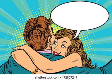 Young woman hugs the man and whispers to him, pop art retro vector illustration