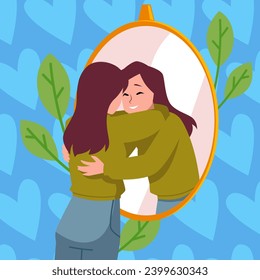 Young woman hugs with mirror reflection flat style, vector illustration on blue background with hearts. Decorative about love yourself, support and care, emotional character