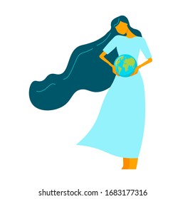 Young woman hugs planet earth with a smile on her face. Ecology. Sustainability. Responsibility. Eco friendly behaviour. Earth Day April 22. Happy earth day vector concept. vector concept