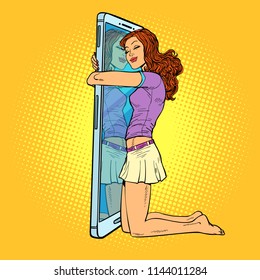 young woman hugs a smartphone. Enjoys his gadget. Comic cartoon pop art retro vector illustration drawing