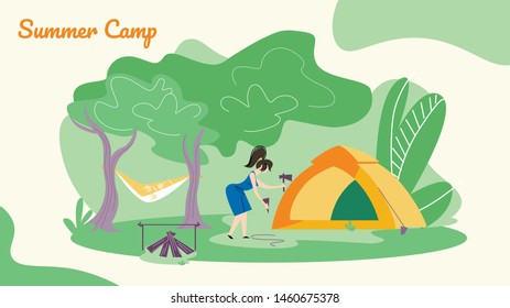 Young Woman Hummer Sticks to Ground to Set Up Tent for Spending Time at Summer Camp in Forest. Hammock, Campfire, Green Trees and Bushes Background, Horizontal Banner, Cartoon Flat Vector Illustration