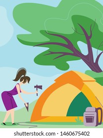 Young Woman Hummer Sticks to Ground to Set Up Tent for Spending Time at Summer Camp in Forest. Backpack, Green Trees and Bushes Background, Summertime Vacation, Hiking Cartoon Flat Vector Illustration