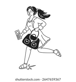 Jovem mulher apressada com uma bolsa e documentos. Energético e motivado. Ilustração em preto e branco. Captura movimento dinâmico e determinação.