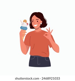 Young woman with ice cream. Vector flat cartoon illustration