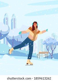 Young Woman Ice Skating In Winter Park On Rink. City Silhouette, Snowy Trees And Bench. Flat Vector Illustration.