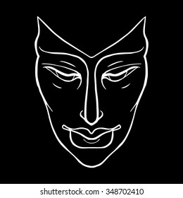 Young Woman Icon black and white. The illustration in style of heraldry. Print for a mascot and T-shirt or game graphic. Can be used for tattoo.